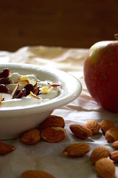 healthy crunchy snacks almonds apple yogurt camp topisaw