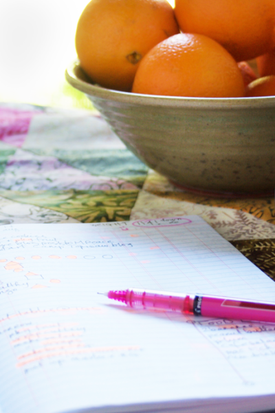 benefits of habits journal pink pen bowl of oranges patchwork table runner